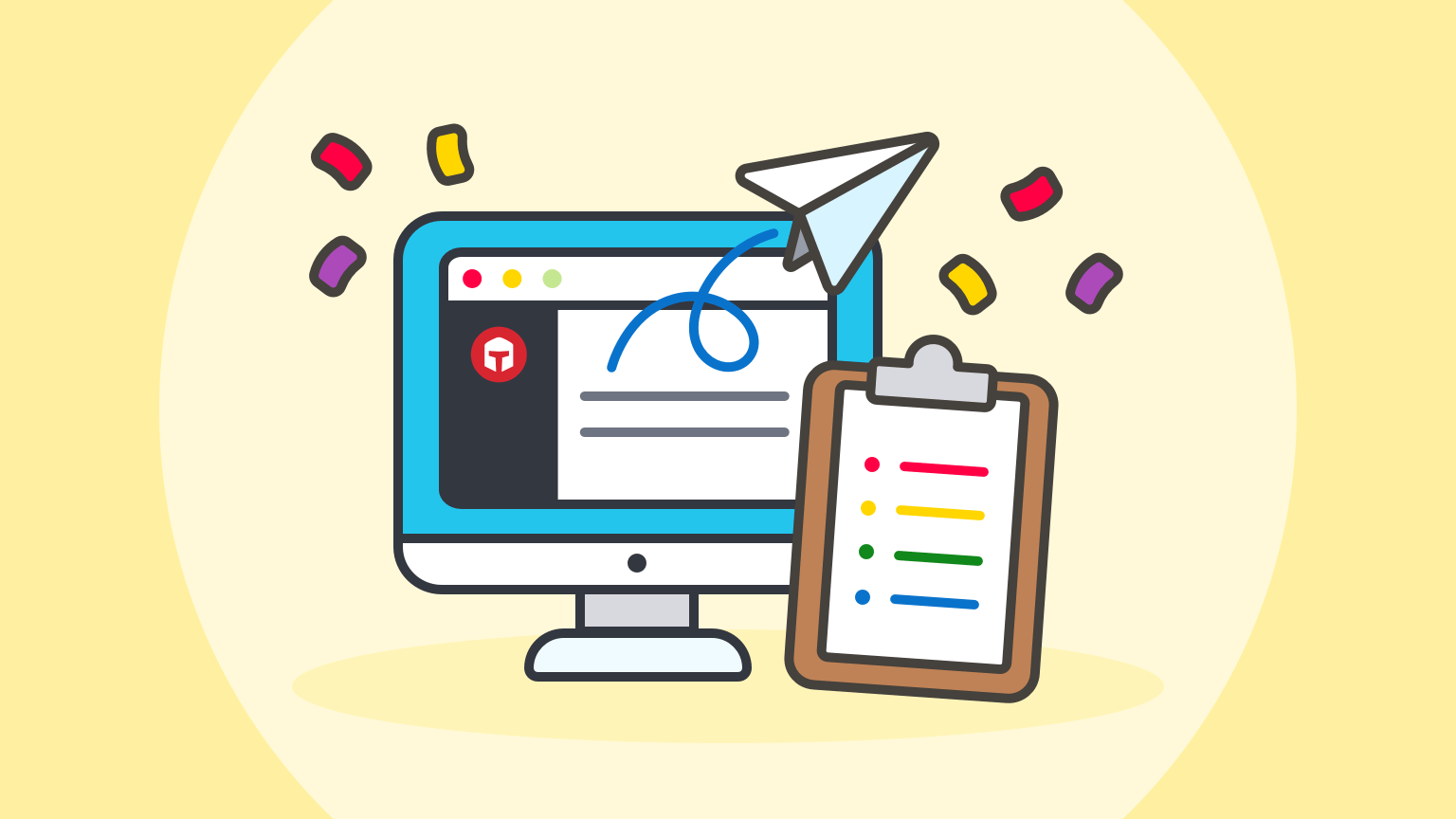 Illustration of a computer screen, paper airplane, and clipboard with a checklist