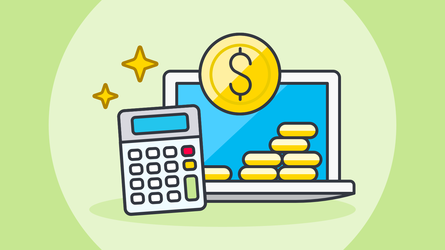 An illustration of a calculator, a computer, and a stack of coins.