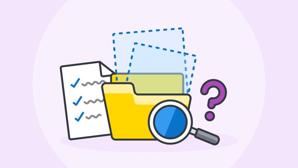 Illustration of a yellow folder with documents, a magnifying glass, and a purple question mark