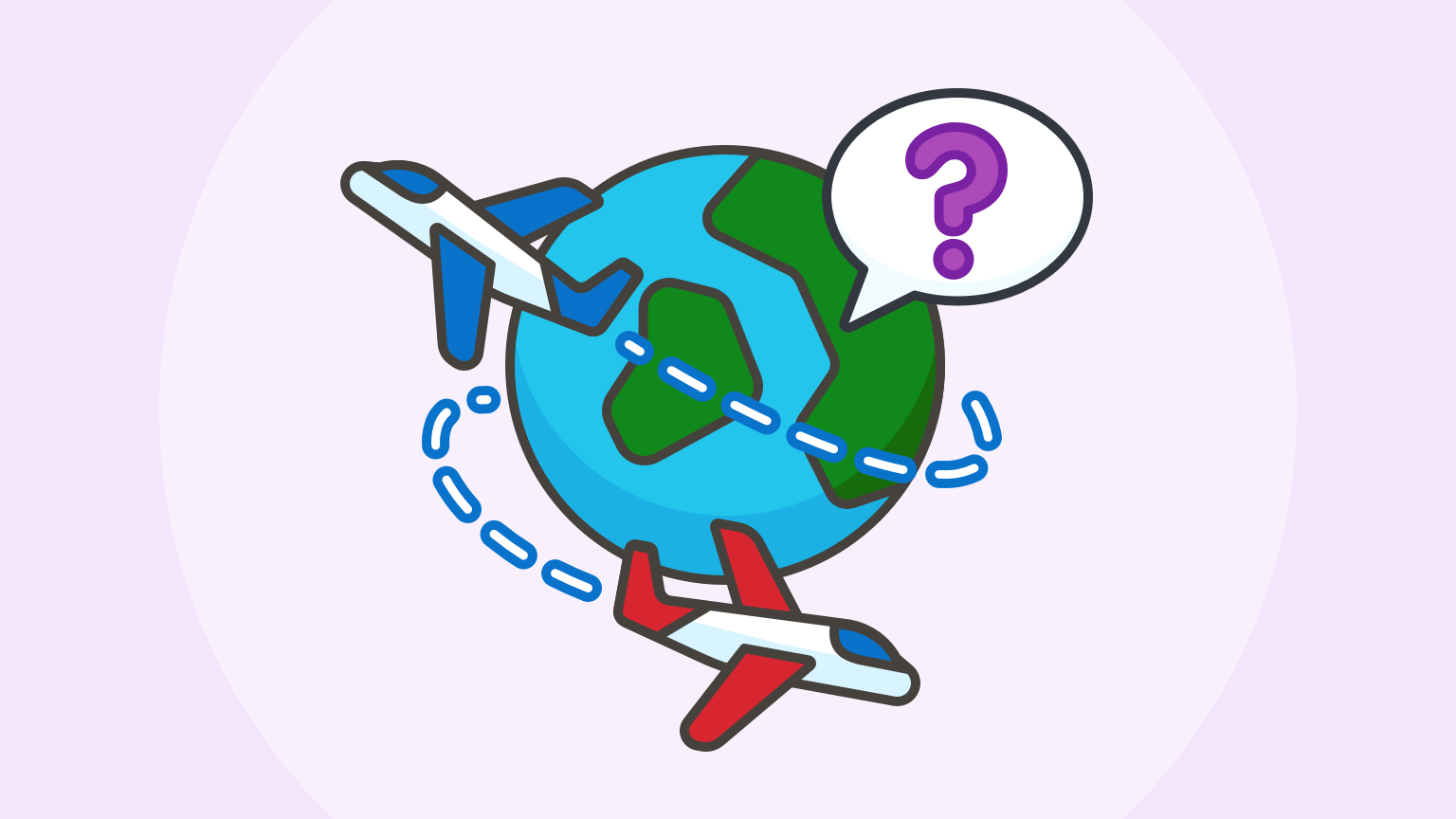 Illustration of two planes flying around a globe with a question mark