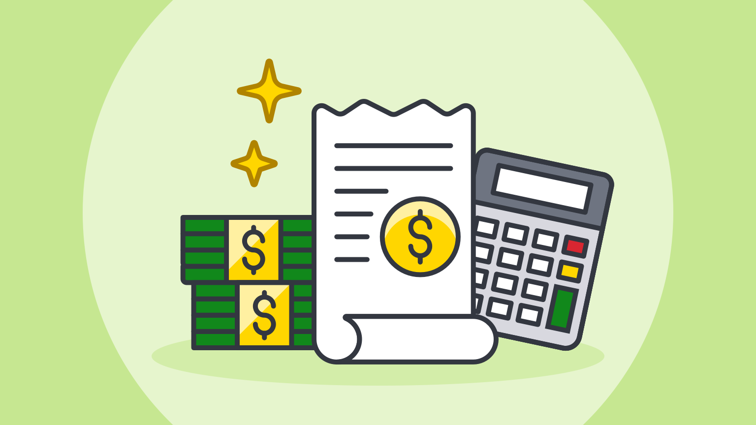 An illustration of a stack of money next to a document and a calculator