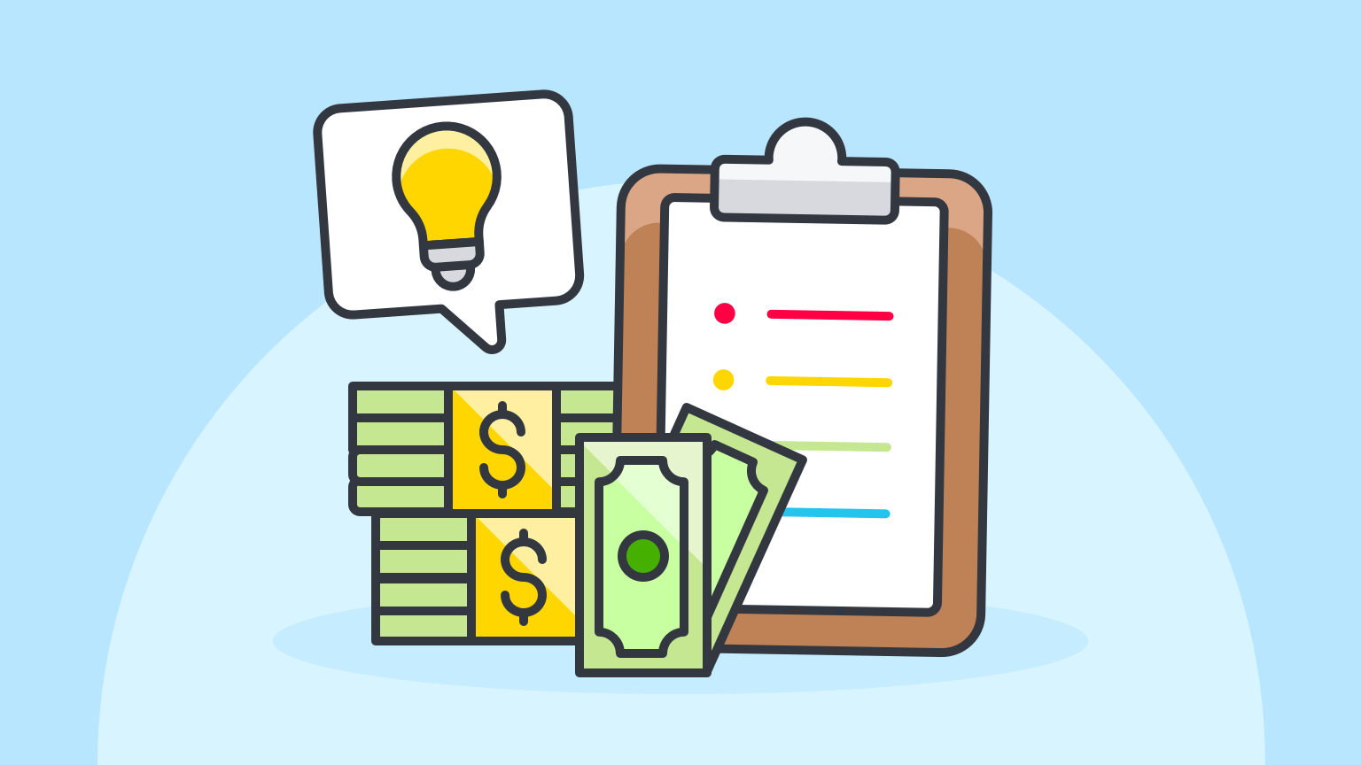 Illustrated image of a pile of cash, a lightbulb, and a checklist.